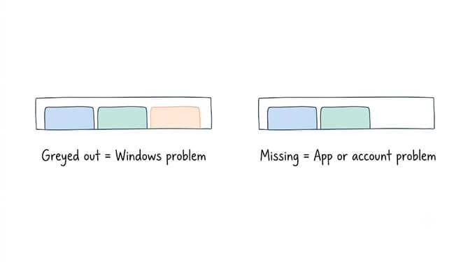 Two tab bars side by side: a full three-tab bar labelled "greyed out = Windows problem" and a two-tab bar labelled "missing = app or account problem."