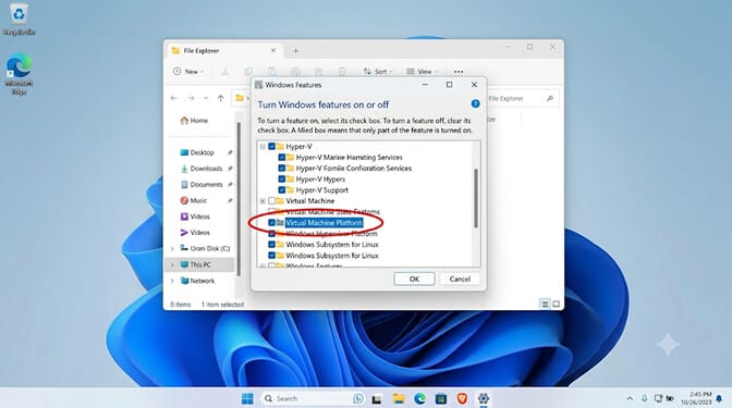 The Turn Windows features on or off dialog on Windows 11, with the Virtual Machine Platform checkbox circled in the scrolling feature list below Hyper-V.