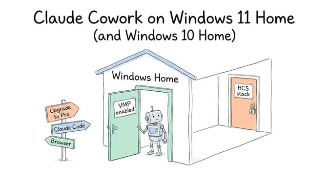 A Windows Home house with the agent standing in a VMP-enabled doorway, the HCS stack locked in a room behind it, and a signpost pointing to Upgrade to Pro, Claude Code, or Browser.