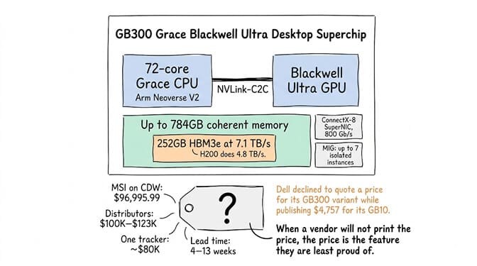 The GB300 Grace Blackwell Ultra Desktop Superchip inside the DGX Station: a 72-core Grace CPU on Arm Neoverse V2 fused to a Blackwell Ultra GPU over NVLink-C2C, up to 784GB of coherent memory including 252GB of HBM3e at 7.1 TB/s where an H200 does 4.8 TB/s, a ConnectX-8 SuperNIC at 800 Gb/s, and MIG partitioning into up to seven isolated instances. NVIDIA never published a price: MSI listed $96,995.99 on CDW, distributors quote $100K to $123K, one tracker says around $80K, and lead times run four to thirteen weeks
