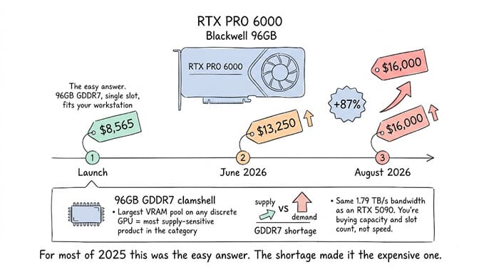 The RTX PRO 6000 Blackwell 96GB price timeline: $8,565 at launch, $13,250 by June 2026, and $16,000 by August 2026, an 87 percent rise driven by the GDDR7 shortage. Its 96GB GDDR7 clamshell design is the largest VRAM pool on any discrete GPU, which makes it the most supply-sensitive product in the category, and it carries the same 1.79 TB/s bandwidth as an RTX 5090, so you are buying capacity and slot count rather than speed