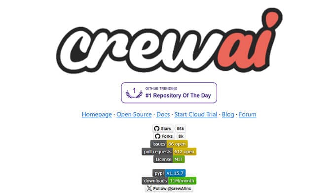 The CrewAI project page with its GitHub trending badge and stats: 56k stars, 8k forks, MIT license, and 11M monthly PyPI downloads.