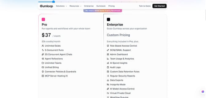 The Gumloop pricing page showing a $37/month Pro tier with 20k credits and unlimited seats, next to a custom-priced Enterprise tier.