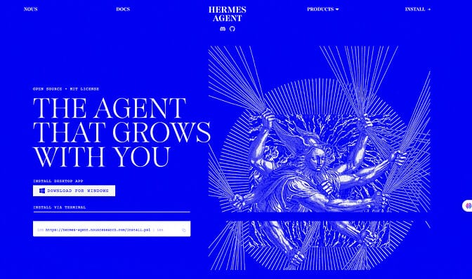 The Hermes Agent site by Nous Research: "The agent that grows with you," open source MIT license, with a Download for Windows button and a one-line terminal install command.