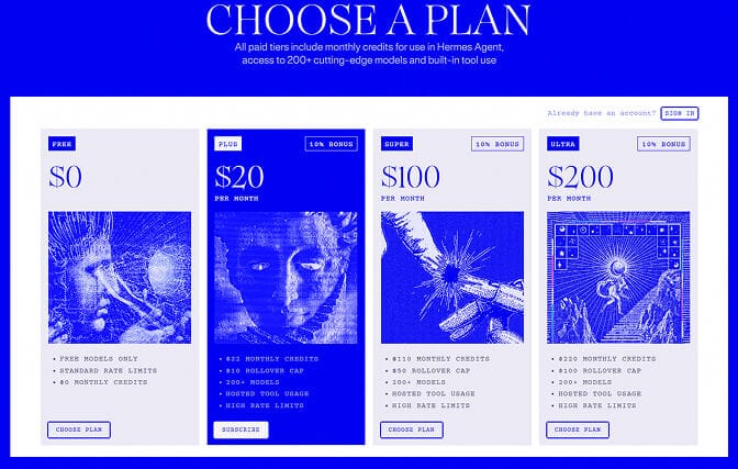 The Hermes Agent "Choose a plan" page with a $0 Free tier limited to free models and standard rate limits, alongside paid Plus, Super, and Ultra tiers at $20, $100, and $200 a month.