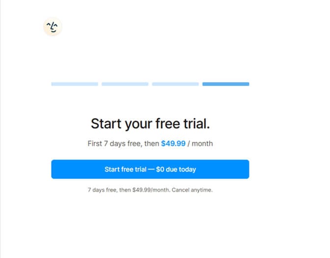 A Lindy signup step headed "Start your free trial" — first 7 days free, then $49.99 a month, with a "$0 due today" button.