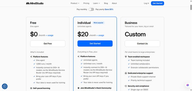 The MindStudio pricing page: a $0 Free tier with one agent and 1,000 runs a month, an Individual tier at $20 a month, and a custom-priced Business tier.