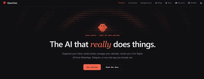 The OpenClaw homepage: "The AI that really does things," tagged open source and runs on your machine, with Get started and Read the docs buttons.