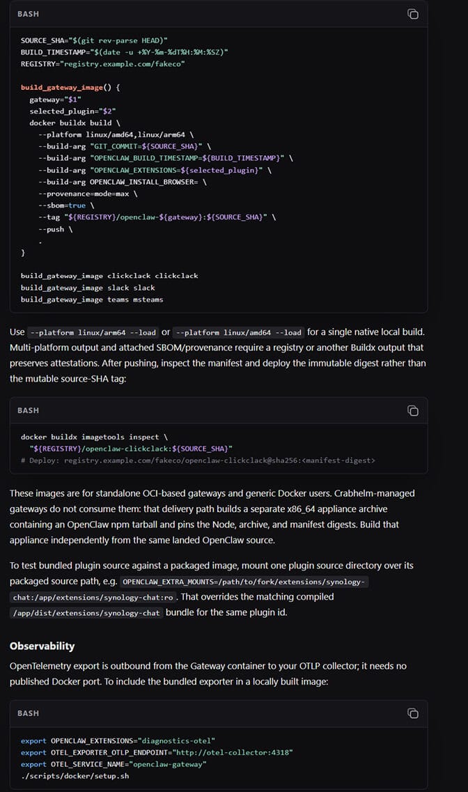 A page of OpenClaw self-hosting docs full of docker buildx build commands, registry tags, SBOM flags, and OpenTelemetry environment variables.