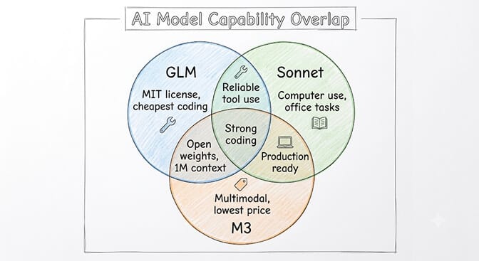 AI model capability overlap Venn diagram: GLM (MIT license, cheapest coding), Sonnet (computer use, office tasks), M3 (multimodal, lowest price), all sharing strong coding, hand-drawn pastel style