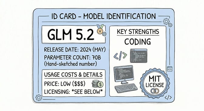 GLM 5.2 ID card: release date, 744B parameter count, low price, MIT license, and coding as the key strength, hand-drawn pastel style