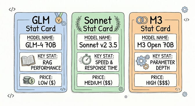 GLM, Sonnet, and M3 stat cards side by side showing model name, key stat, and price tier for each, hand-drawn pastel style