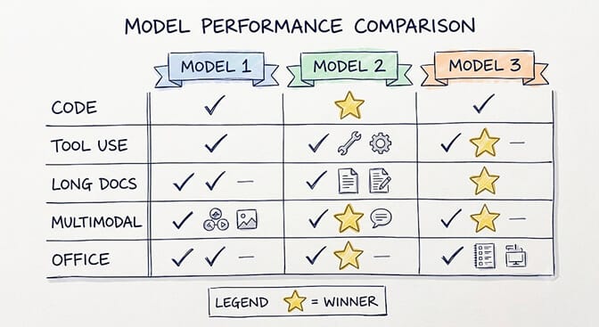 Model performance comparison table marking the winner across code, tool use, long docs, multimodal, and office tasks, hand-drawn pastel style