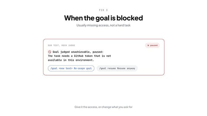 When the goal is blocked: Hermes shows the reason and pauses instead of burning turns — fix what's missing or override with /goal resume
