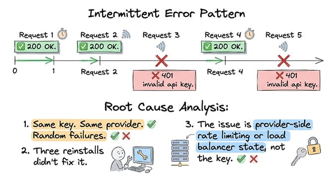 Intermittent error pattern: requests 1, 2, and 4 return 200 OK while requests 3 and 5 randomly return 401 invalid api key with the same valid key — root cause is provider-side load balancer state, not the key