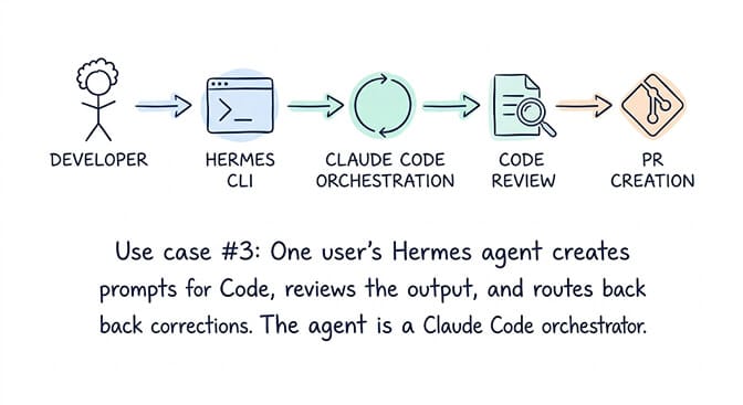 Use case #3: Hermes agent acts as a Claude Code orchestrator, creating prompts and reviewing the output