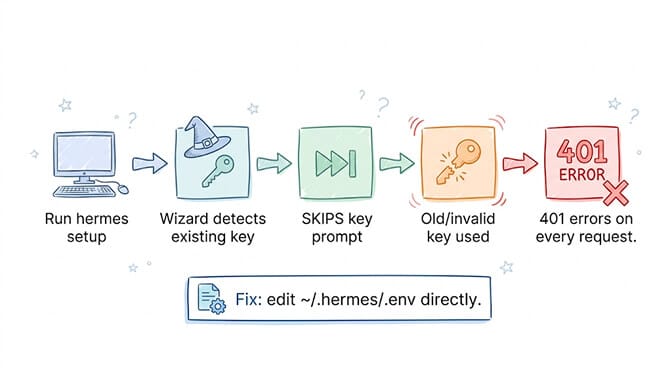 Flow diagram of the hermes setup wizard silently skipping the API key prompt — provider and model selection succeed, then the wizard detects an existing key in ~/.hermes/.env and skips replacement, leaving the stale key in place