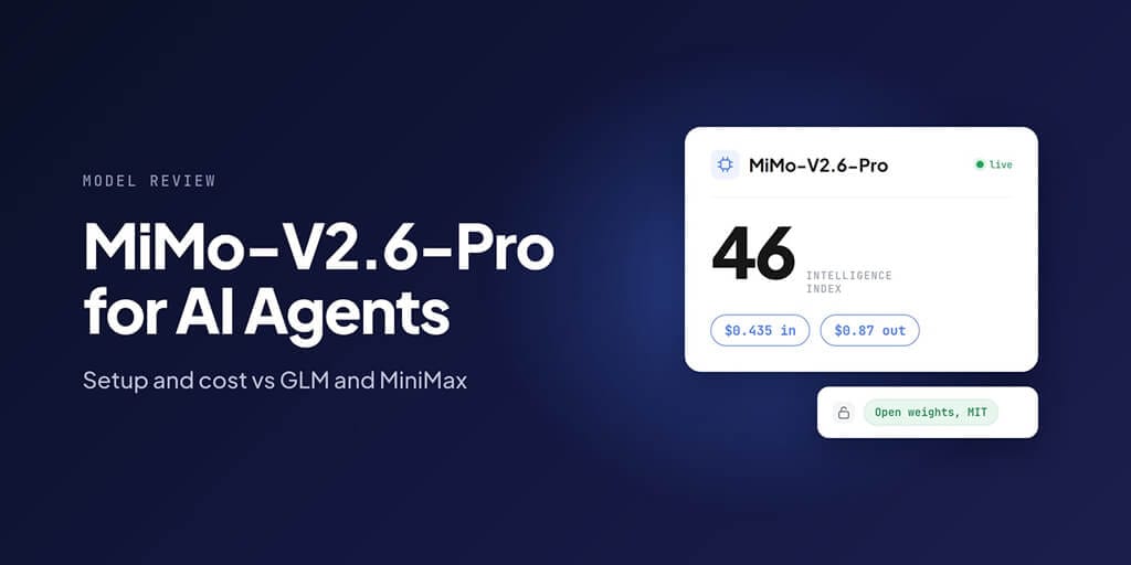 MiMo-V2.6-Pro for AI Agents: setup and cost vs GLM and MiniMax, with a card showing an Intelligence Index of 46, $0.435 in and $0.87 out per million tokens, open weights under MIT.