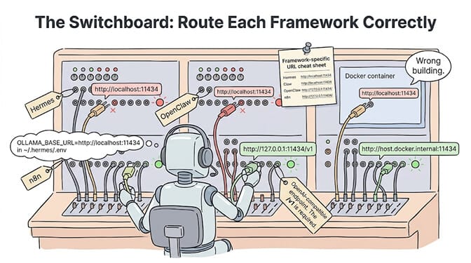 The switchboard: routing Hermes, OpenClaw, and n8n to the right Ollama URL, with host.docker.internal for Docker and /v1 for OpenAI-compatible endpoints, hand-drawn pastel style