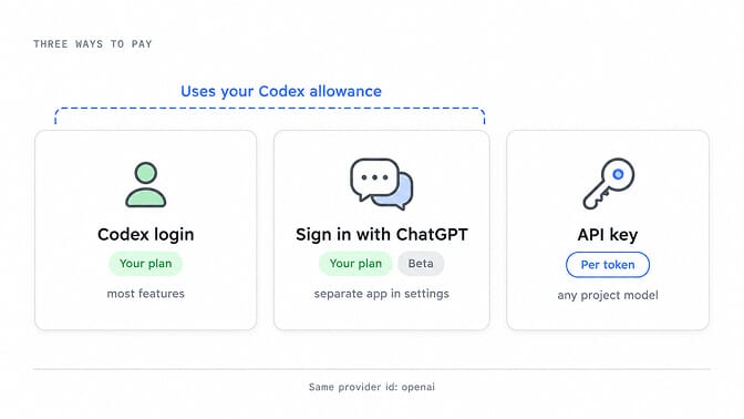 Three ways to pay: Codex login and Sign in with ChatGPT use your Codex allowance; API key is per token; same provider id openai