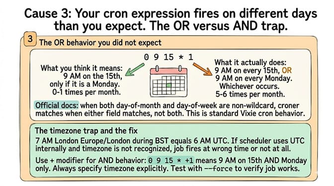 The Vixie cron OR-vs-AND trap: 0 9 15 * 1 firing 5-6 times per month instead of 0-1, the + day-of-week modifier fix, and the BST/UTC timezone trap that fires jobs at the wrong London hour