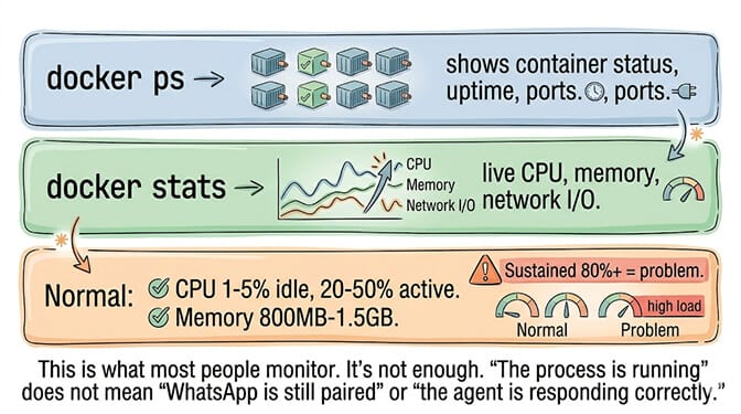 docker ps and docker stats output showing OpenClaw container baselines: CPU 1-5% idle, memory 800MB-1.5GB