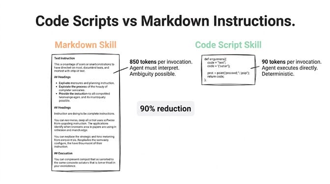 Code scripts vs markdown instructions: a verbose markdown tool description versus the equivalent code script that does the same job in a fraction of the tokens, up to 90% reduction