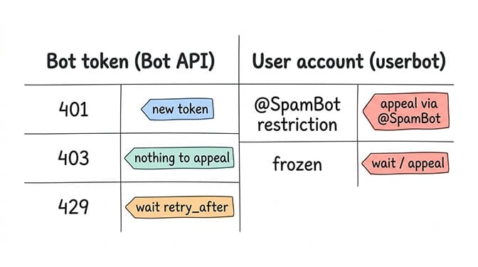 Which Telegram block do you have: bot token errors 401, 403 and 429 against user account @SpamBot restrictions and frozen accounts, each with its fix, hand-drawn pastel style