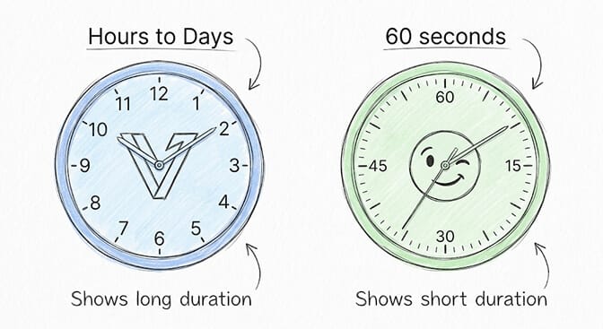 Two clocks contrasting a Vertex setup that takes hours to days with a 60-second BetterClaw setup, hand-drawn pastel style