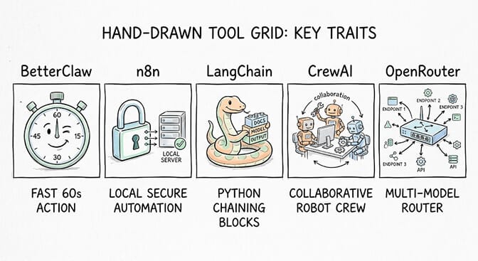 Tool grid of the five alternatives: BetterClaw fast 60s action, n8n local secure automation, LangChain Python chaining, CrewAI collaborative crew, and OpenRouter multi-model router, hand-drawn pastel style