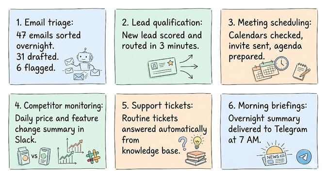 Six AI agent business use cases: email triage, lead qualification, meeting scheduling, competitor monitoring, support tickets, morning briefings