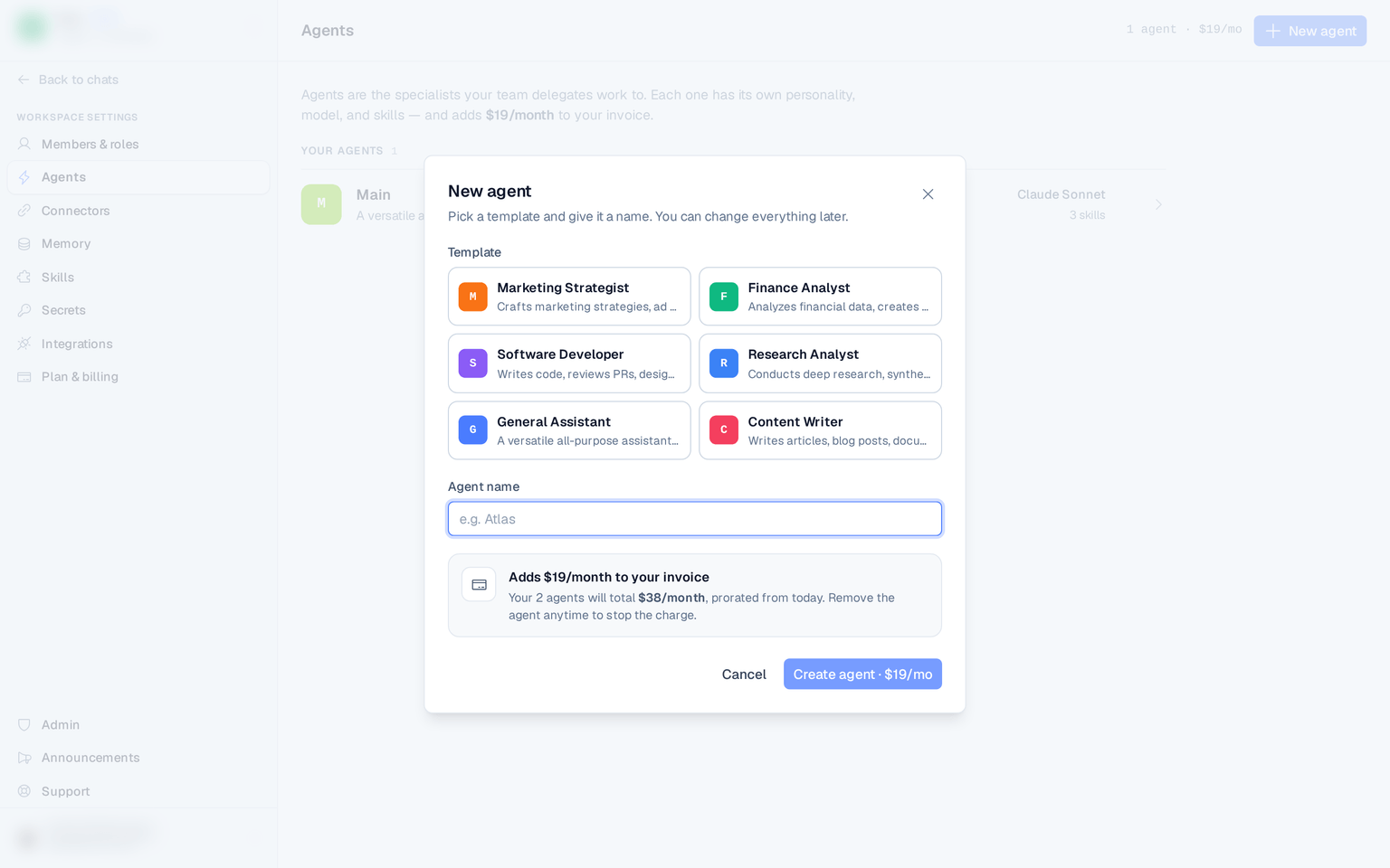 the New agent dialog with the template grid and name field