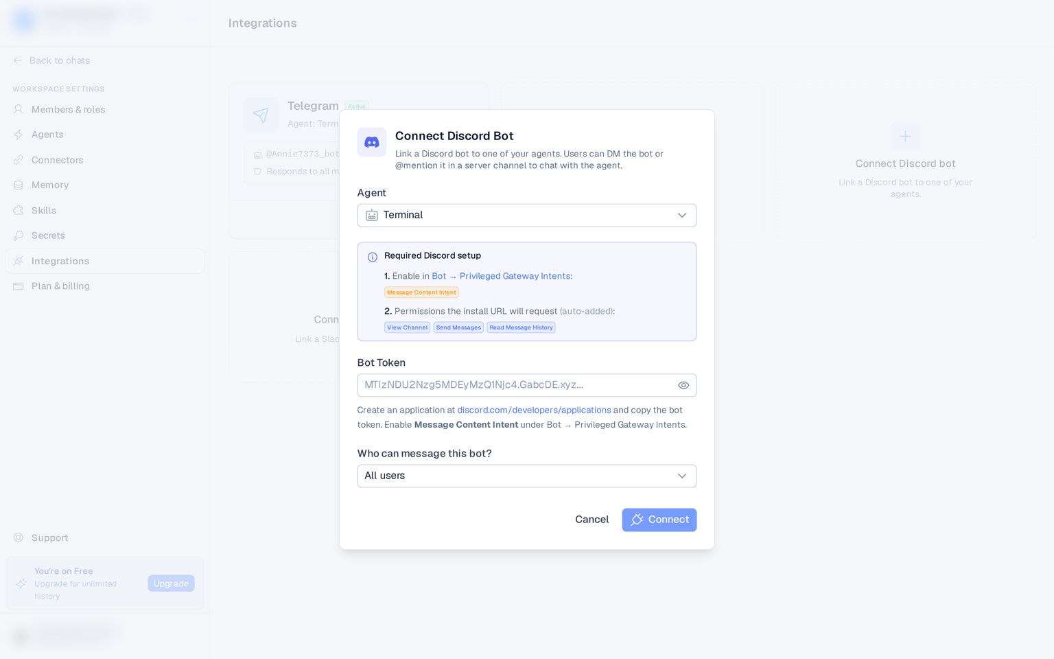 the Connect Discord Bot modal showing the required-setup checklist and bot token field