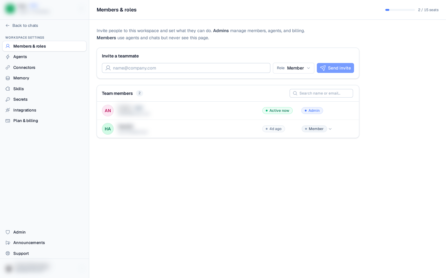the Members & roles page listing members with their roles, activity, and the seats counter