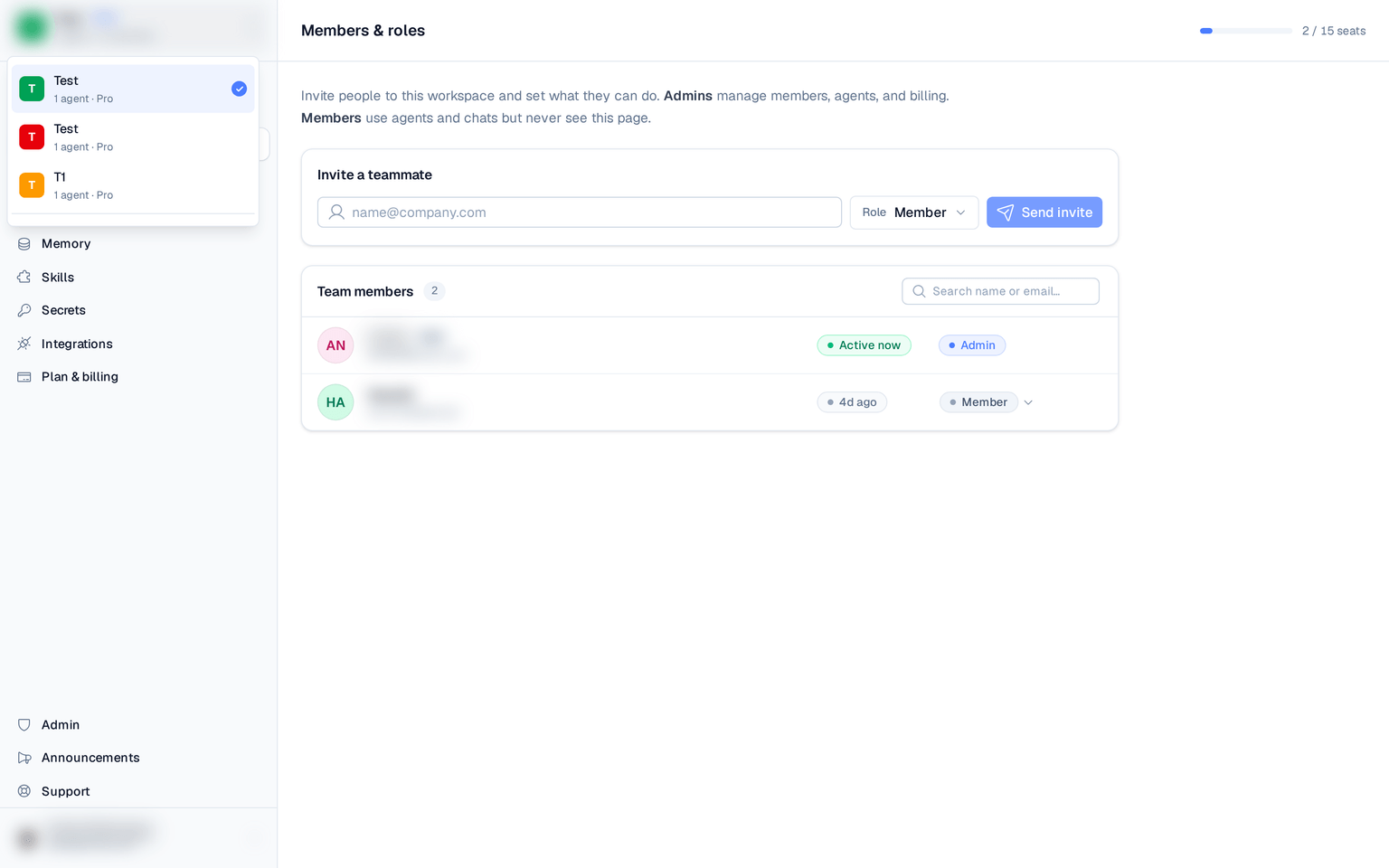 a member row with the role selector dropdown open