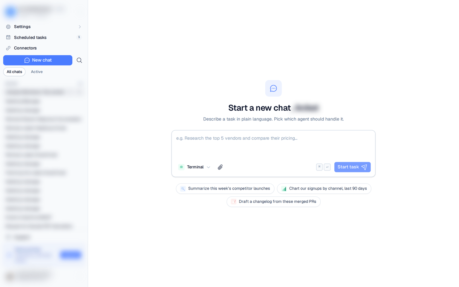 the New chat screen with the left rail (workspace switcher, Settings, chat list)