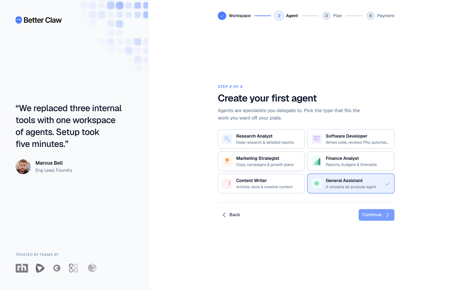Onboarding step 2 — choosing an agent from the six starter templates