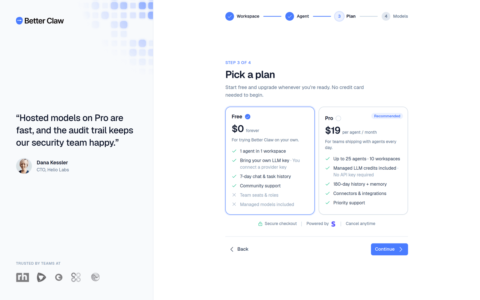 Onboarding step 3 — the Free and Pro plan cards