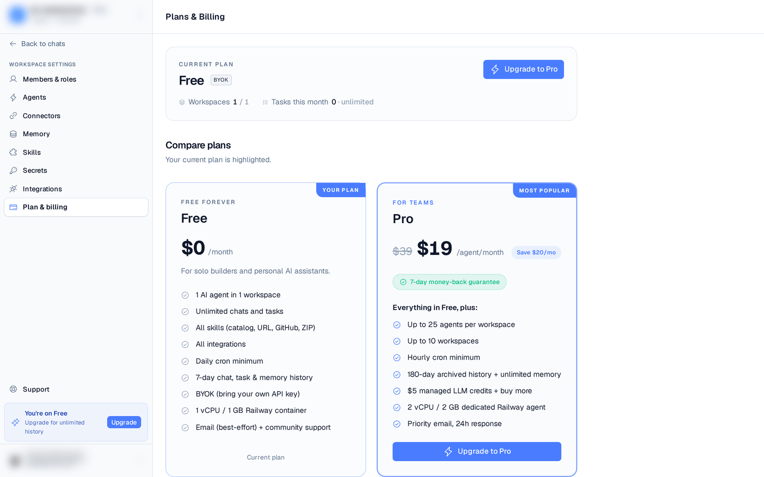 the Plans & Billing page showing the Free vs Pro comparison