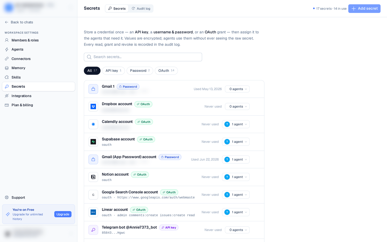 the secret detail slideover with the masked value, usage stats, and agent access list