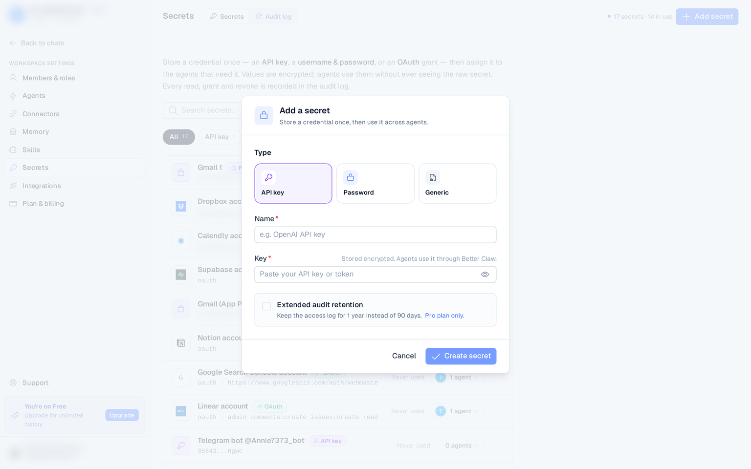 the Add a secret modal showing the type selector and value fields