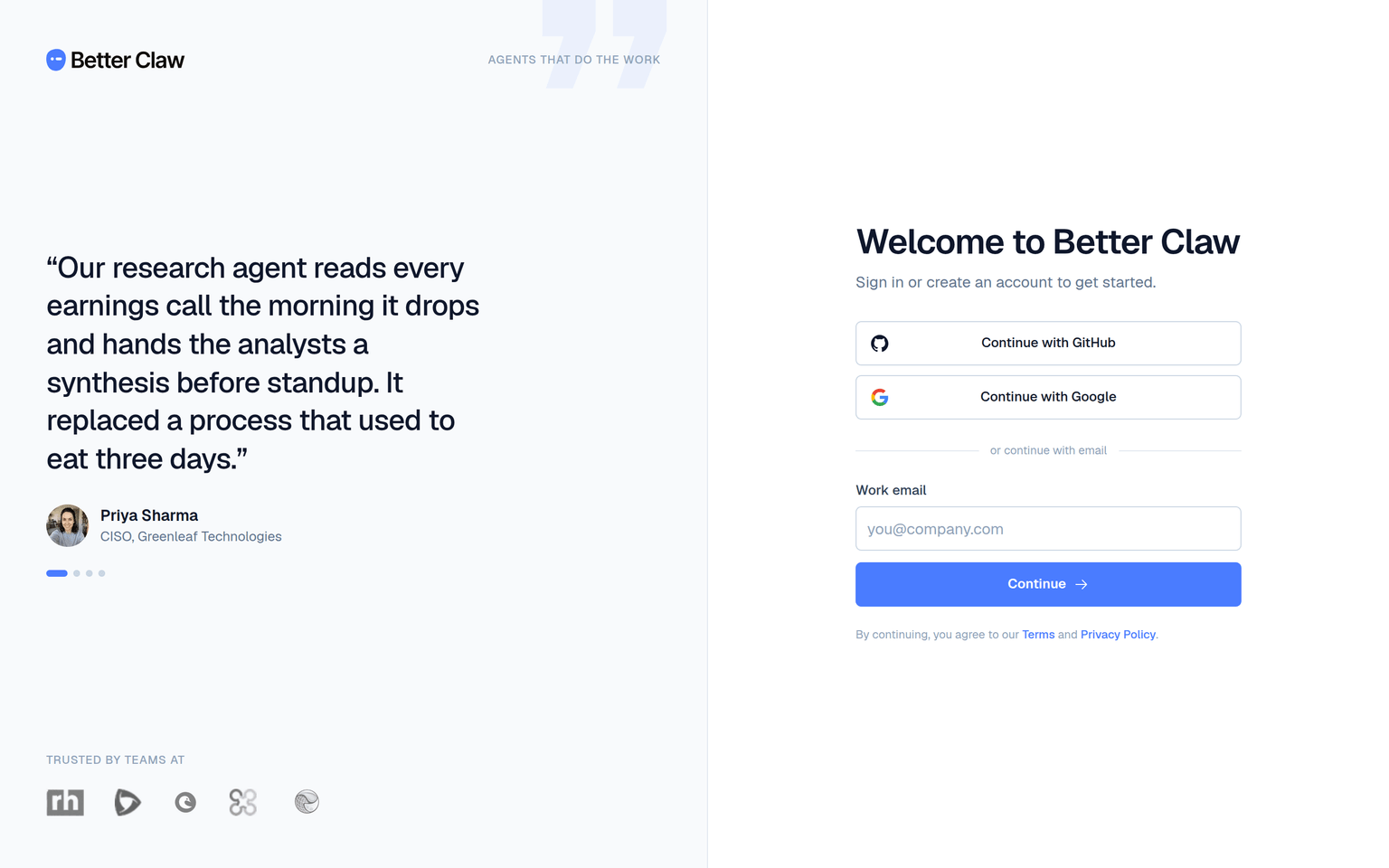 the split-screen sign-in screen with the email field and the testimonials panel