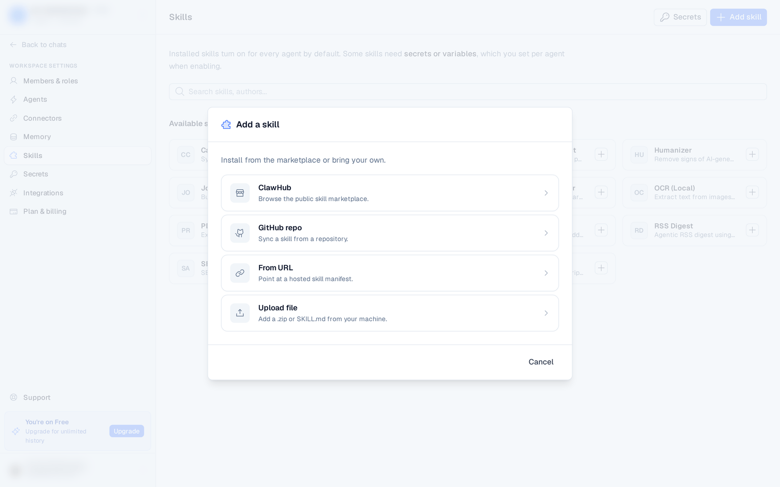 the Add skill dialog with the four source options