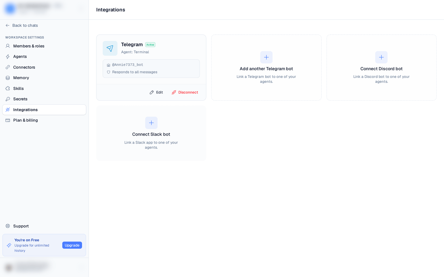 a connected Slack card with the team name, app ID, and response mode