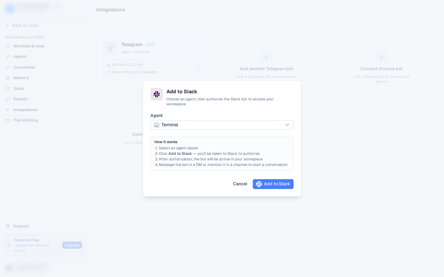 the Add to Slack modal showing the agent selector and the "How it works" steps