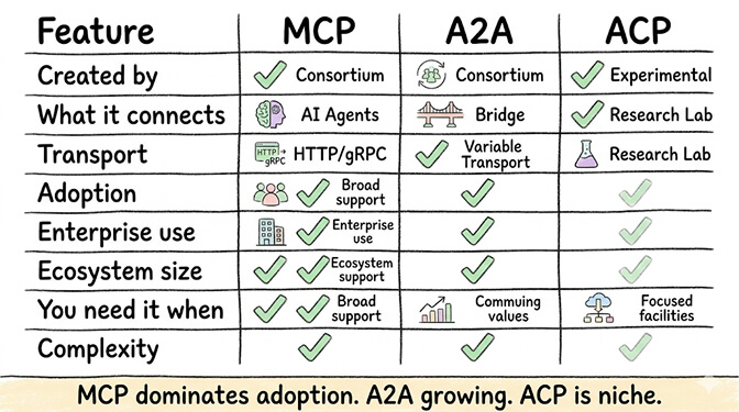 MCP vs A2A vs ACP feature matrix: created-by, what it connects, transport, adoption, enterprise use, ecosystem size, when you need it, and complexity — MCP dominates adoption, A2A is growing, ACP is niche