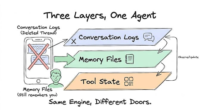Three Layers, One Agent: even when the conversation logs are a deleted thread, the memory files still remember you - conversation logs, memory files, and tool state are separate systems