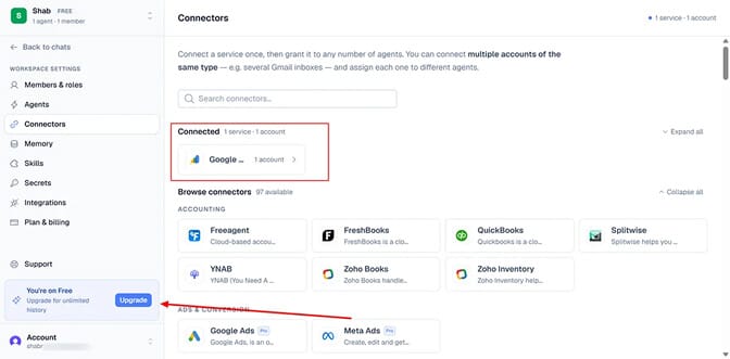 The BetterClaw Connectors screen with Google connected as one service on the free plan, above the browsable catalogue of available connectors.