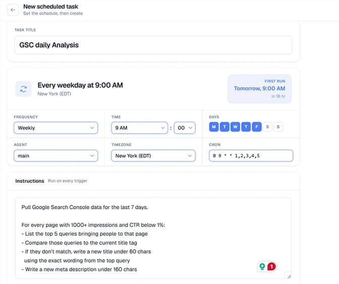 The New scheduled task form titled "GSC daily Analysis", set to every weekday at 9:00 AM New York time, with the Search Console prompt in the instructions field.