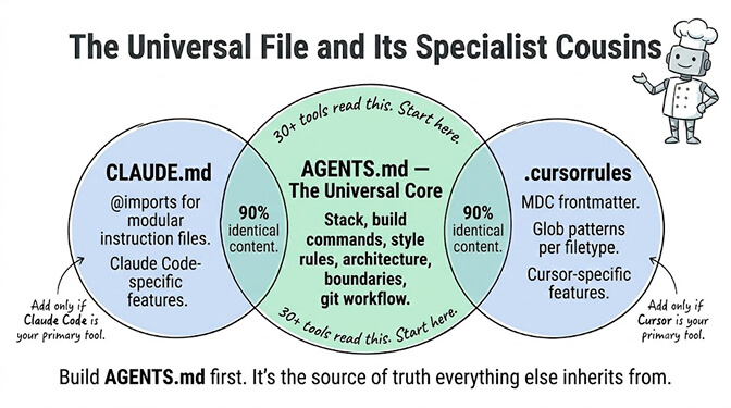 The universal file and its specialist cousins: AGENTS.md is the universal core read by 30+ tools, while CLAUDE.md adds @imports for Claude Code and .cursorrules adds glob-based rules for Cursor.
